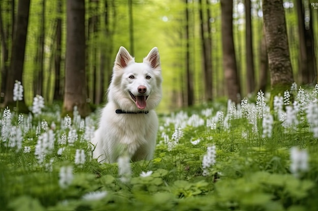 W wiosennym lesie ten uroczy biały pies siedzi pośród wspaniałych kwitnących ukwiałów Zdjęcie młodego owczarka szwajcarskiego w wiosennym lesie Wędrówka ze zwierzakiem