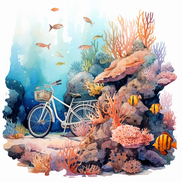 w wodnym zbiorniku wodnym znajduje się obraz przedstawiający rower i rybę