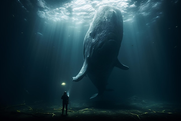 w wodzie generatywnej AI stoi mężczyzna przed wielorybem