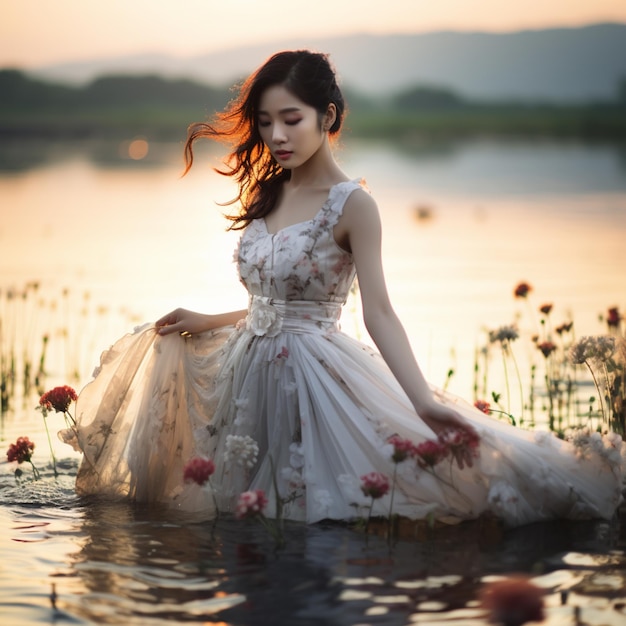 W wodzie generatywnej siedzi kobieta w sukience