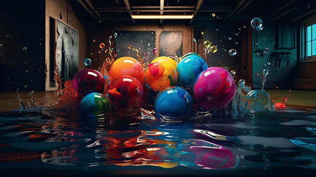 W wodzie znajduje się obraz basenu z kolorowymi balonami.