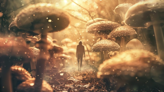 W wymarzonym krajobrazie postać wędruje przez las olbrzymich grzybów