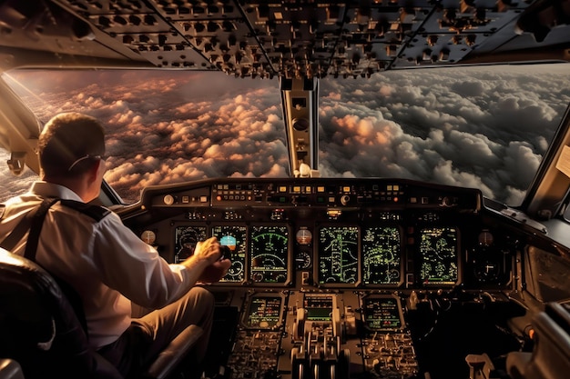 W zaawansowanym technologicznie kokpicie samolotu pilot umiejętnie nawiguje przez burzę. Generacyjna sztuczna inteligencja