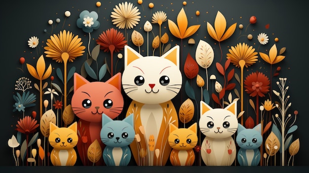 W zachwycającym projekcie graficznym wektorowym dziecięce rysunki kotów wyłaniają się z bujnych roślin, dodając kapryśności do sceny.
