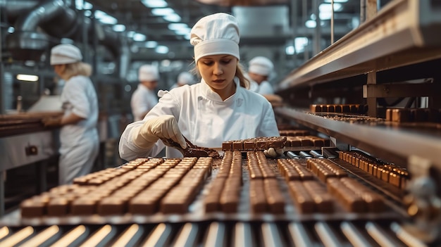 W zakładzie przemysłowym zajmującym się produkcją czekolady pracownicy zbierają i pakują czekolady