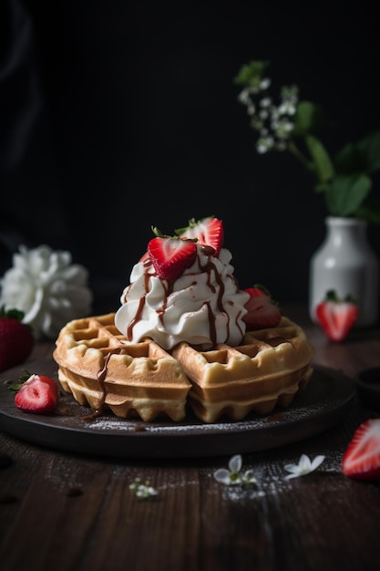 Wafel z gałką bitej śmietany i truskawkami na wierzchu.