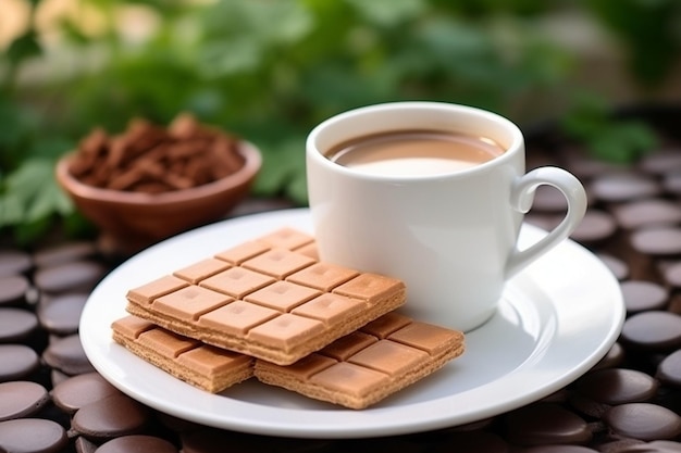 Wafelek generatywny AI wypełniony kremem kakaowym o smaku w białym talerzu z tłem filiżanki kawy