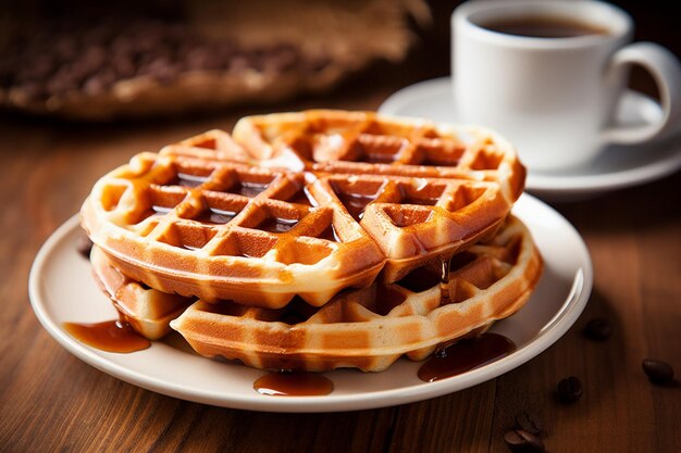 Wafle podawane obok filiżanki kawy lub herbaty na śniadanie