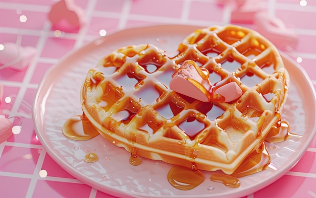 Zdjęcie wafle w kształcie serca z syropem na pastelowym tle