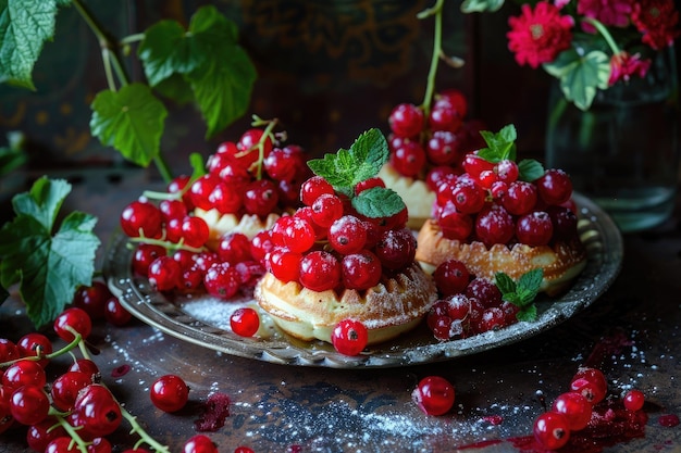 Wafle z czerwoną porzeczką i miętą