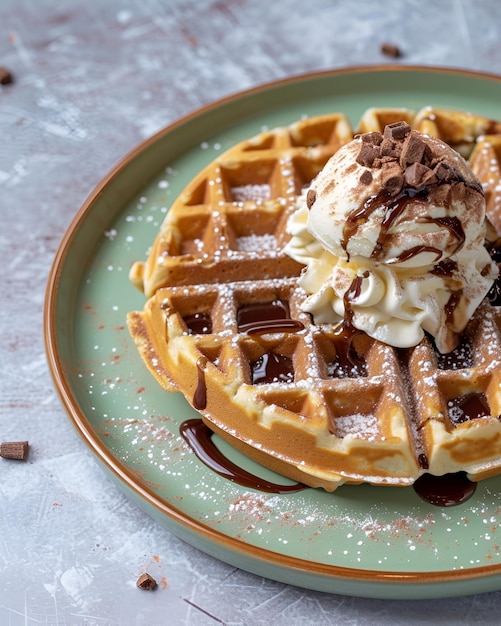 Zdjęcie wafle z lodem i czekoladą na świeżo zielonej talerzu