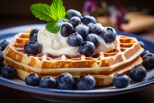 Wafle z serem śmietanym i świeżymi borówkami są pożywnym śniadaniem. Wafle i jagody