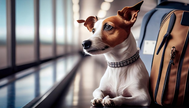 Wakacje wakacyjne Szczęśliwy jack russell czeka w terminalu lotniska gotowy do wejścia na pokład z torbą bagażową