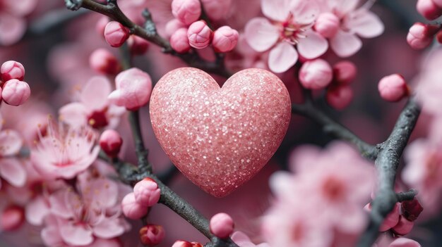 wakacje wiosenne Walentynki romantyczne tło z sercem na tle kwiatów wiśni