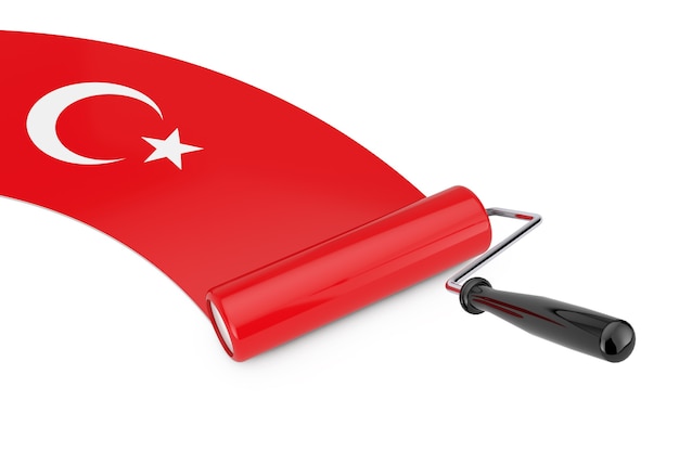 Wałek malarski Pędzel z flagą Turcji na białym tle. Renderowanie 3D