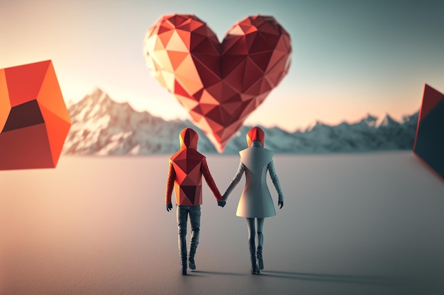 Walentynki dwoje kochanków idących ręka w rękę w kierunku swojej miłości