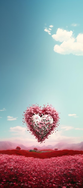 Walentynki kapryśne surrealistyczne serce w pełnym różowym kwitnięciu wiosenny krajobraz