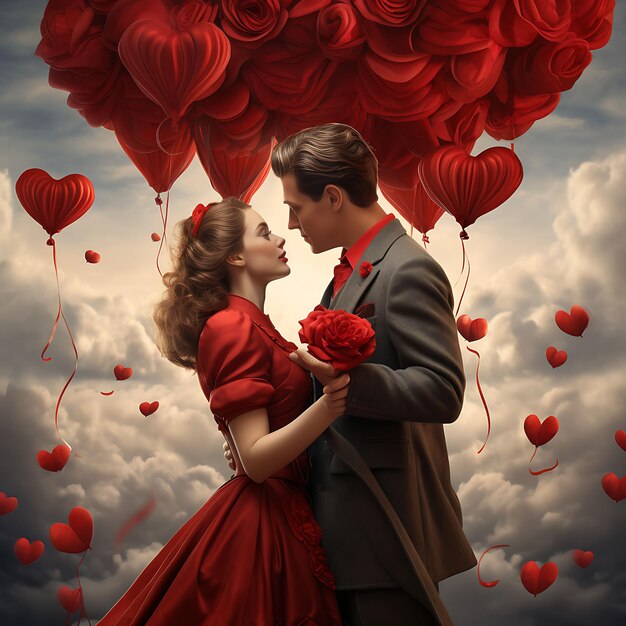Walentynki, kiedy możesz poczuć miłość powietrza para całując się obok olbrzymiego serca, które mówi miłość