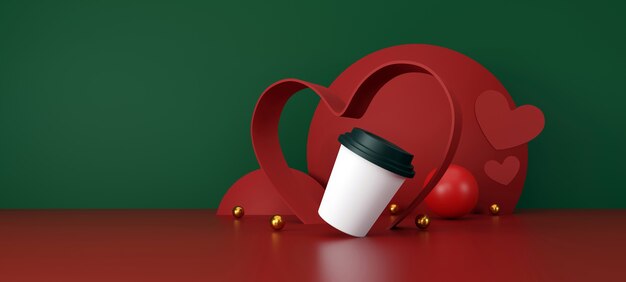 Walentynki koncepcja biała filiżanka kawy na zielonym i czerwonym tle ilustracja 3D