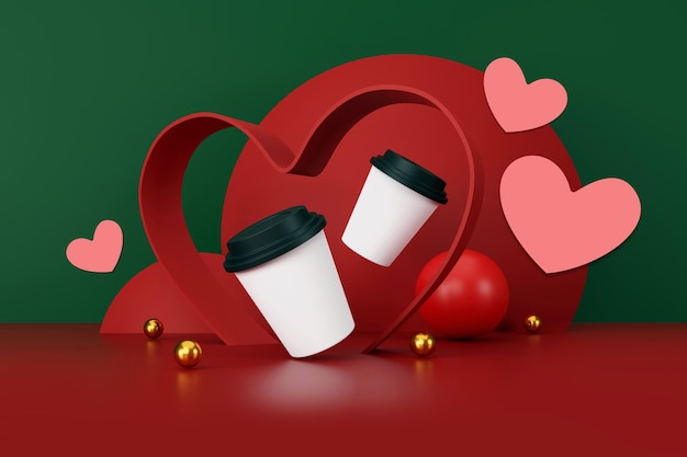 Walentynki koncepcja biała filiżanka kawy na zielonym i czerwonym tle ilustracja 3D