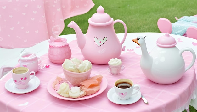 Zdjęcie walentynki miłość różowe tło z zabawkami i filiżanką kawy na różowym obrusie