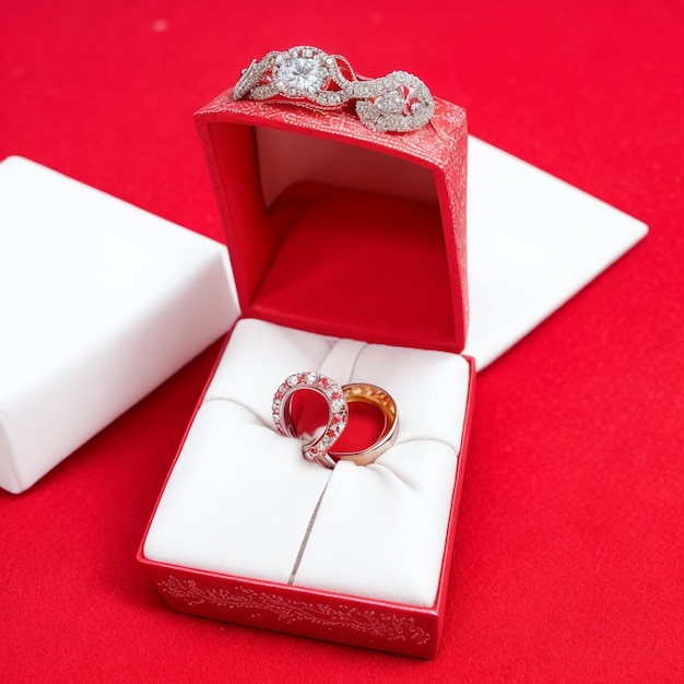Walentynki pierścień w tle czerwonego pudełka