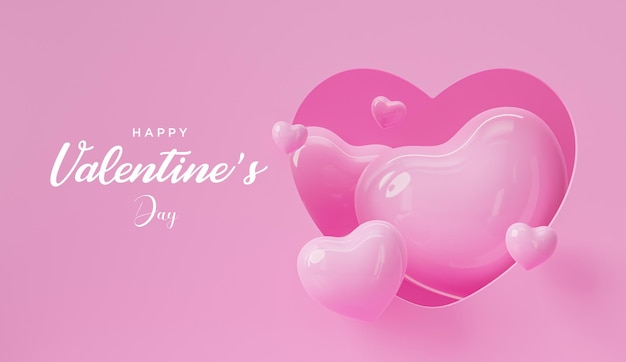 Walentynki pozdrowienia transparent i dekoracja serca w różowym tle renderowania 3d