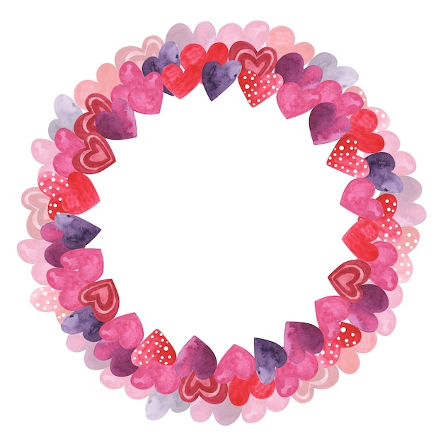 Walentynki rama Akwarela serca wieniec Różowy na kartkę z życzeniami Romantyczna czerwona okrągła rama
