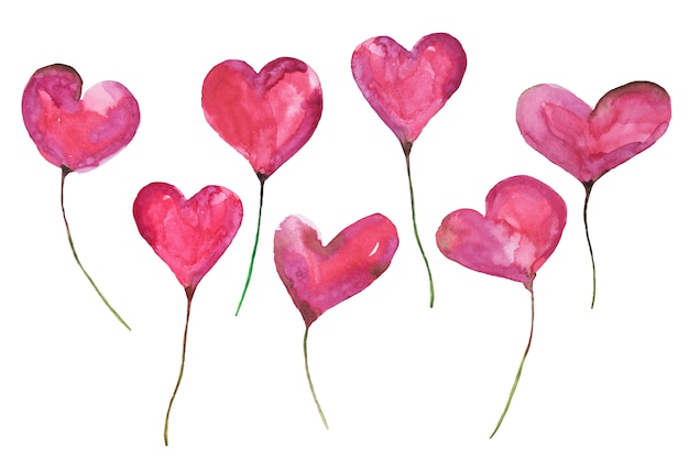 Walentynki ręcznie malowane akwarele zestaw różowy i żółty serca.