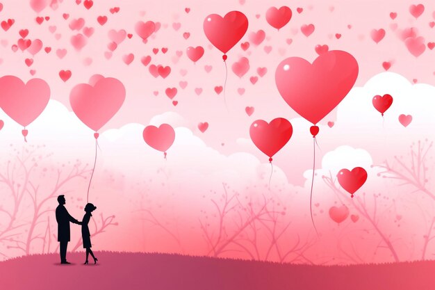 Walentynki serca balony z ludźmi latającymi na różowym tle nieba Wektor miłości bezszwone patern fo