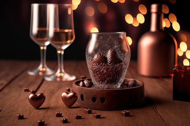 Walentynki uroczysty światła tło serca scena z czekoladkami i napój miłość walentynki błyszczące tło