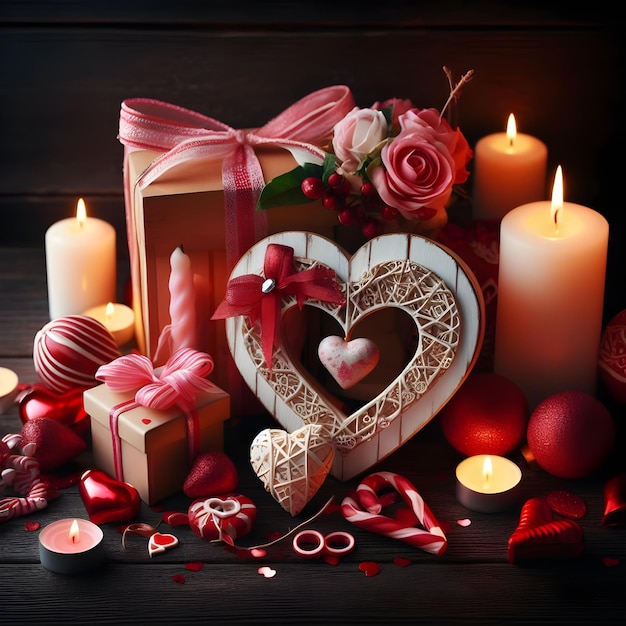 Walentynki z dekoracyjnymi sercami, świecami i prezentami na ciemnym drewnianym tle.
