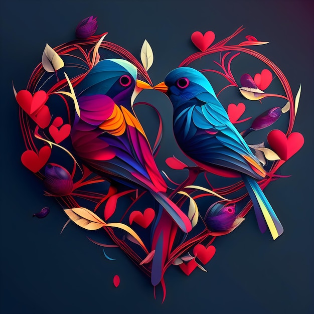 Walentynkowy rysunek z zakochanymi ptakami i sercami