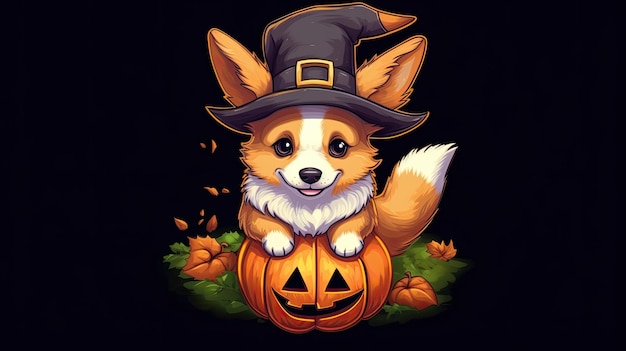 Walijski corgi w stylu anime w kostiumie na Halloween siedzi na miotle i ma na sobie kapelusz czarownicy z dyniami na boku