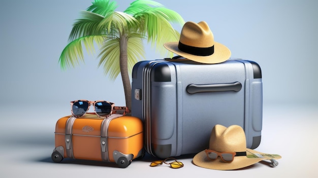 Walizka podróżna Wakacje klapki kapelusz okulary przeciwsłoneczne bilet lotniczy kamera lato palma