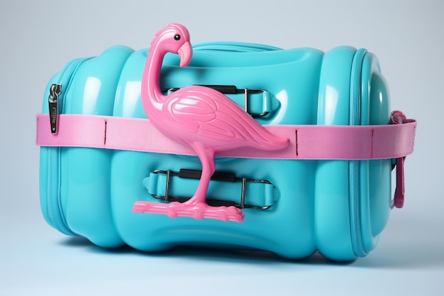 Walizka podróżna z nadmuchiwanym paskiem w kształcie różowego flaminga. Generacyjna sztuczna inteligencja