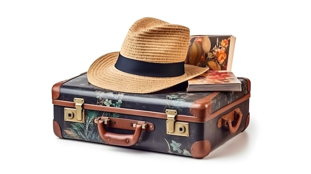 Zdjęcie walizka ze słomkowym kapeluszem i książką na wierzchu.