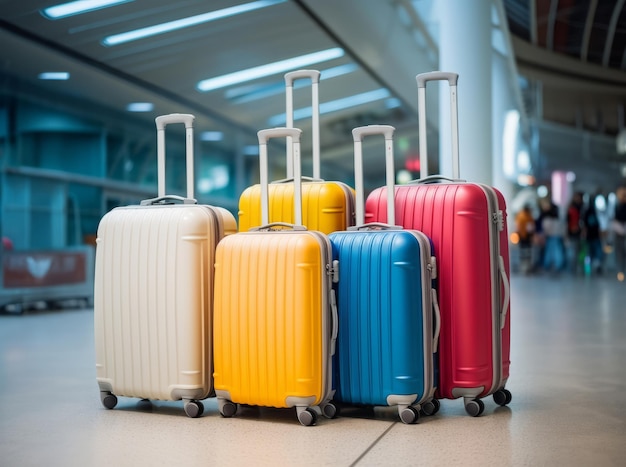 Walizki w pustych walizkach podróżnych na lotnisku w poczekalni terminalu lotniska odlotu