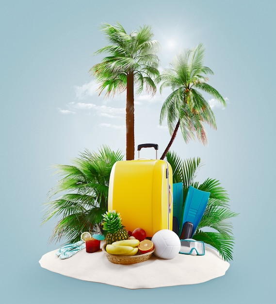 Walizki z palmami na plaży, wyspie. Koncepcja wakacje lub wakacje. Ilustracja renderowania 3D