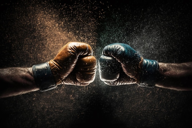 Zdjęcie walka bokserska z bliska dwóch pięści uderzających się w ciemność