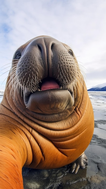 Zdjęcie walrus dotyka kamery robiąc selfie zabawny selfie portret zwierzęcia