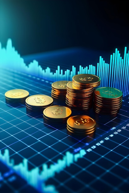 Waluta sukcesu 3D moneta niebieski wykres finansów i pasek inwestycji