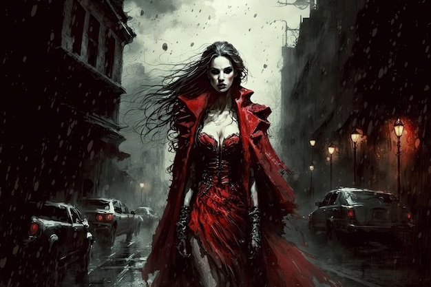 Wampirzyca w czerwonej sukience w nocy w mieście Generatywna ilustracja AI