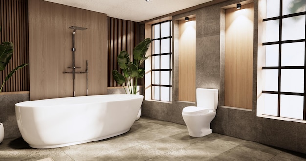 Wanna i toaleta w łazience renderowanie 3D w stylu japońskim wabi sabi