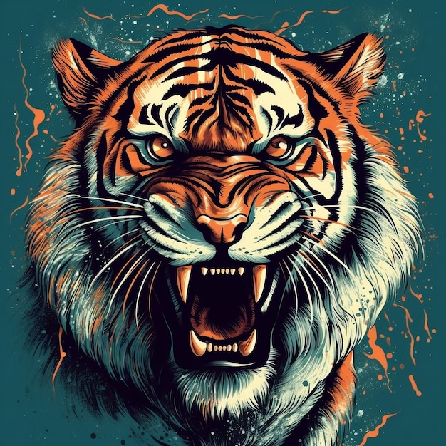 Warczący tygrys z piorunami trzaskającymi wokół jego ciała w dynamicznym pop-artowym stylu