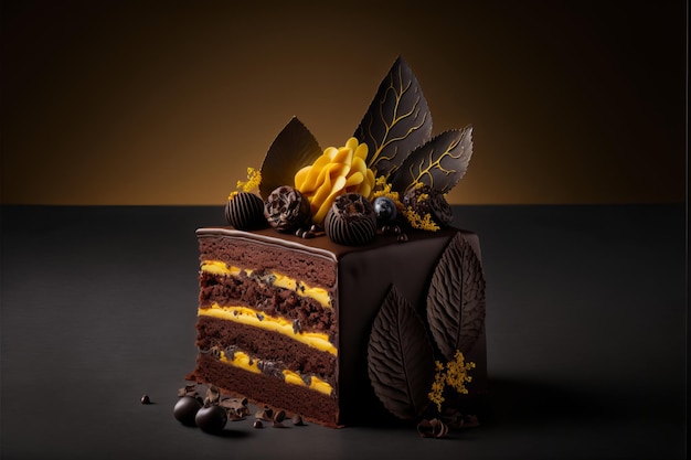 warstwowe ciasto czekoladowe z żółtymi dekoracjami