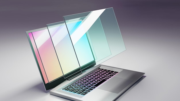 Warstwowy ekran szklany laptop renderowanie ilustracji 3D