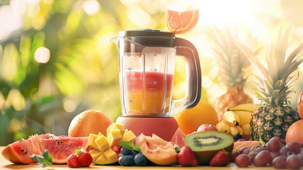 Warstwowy smoothie owocowy w blenderze prezentujący gradient naturalnych smaków i kolorów