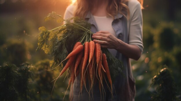 Warzywa generatywne AI w rękach kobiety-rolnika w ogrodzie marchewki z ziemi