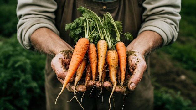 Warzywa generatywne AI w rękach rolnika w ogrodzie marchew z ziemi
